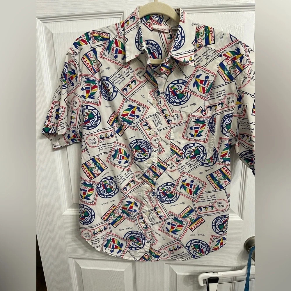 Vintage 90s Nautical Boats Button Down Shirt navy French travel design
